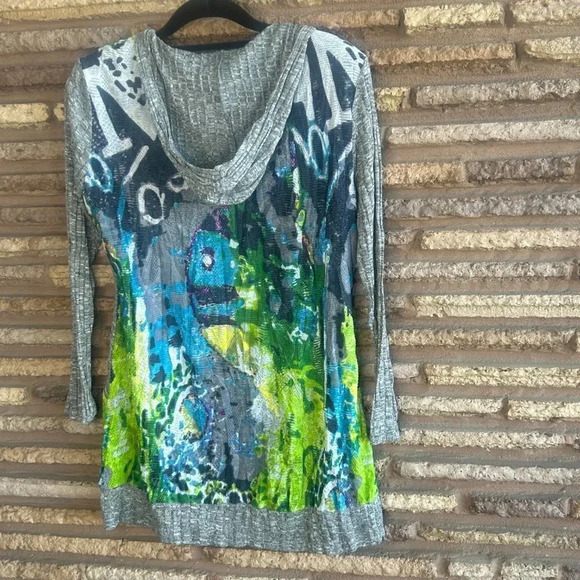 Elysee 26 Bold Green Blue Gray Print Hooded Long Sleeve Sweater Size Large - Picture 3 of 10
